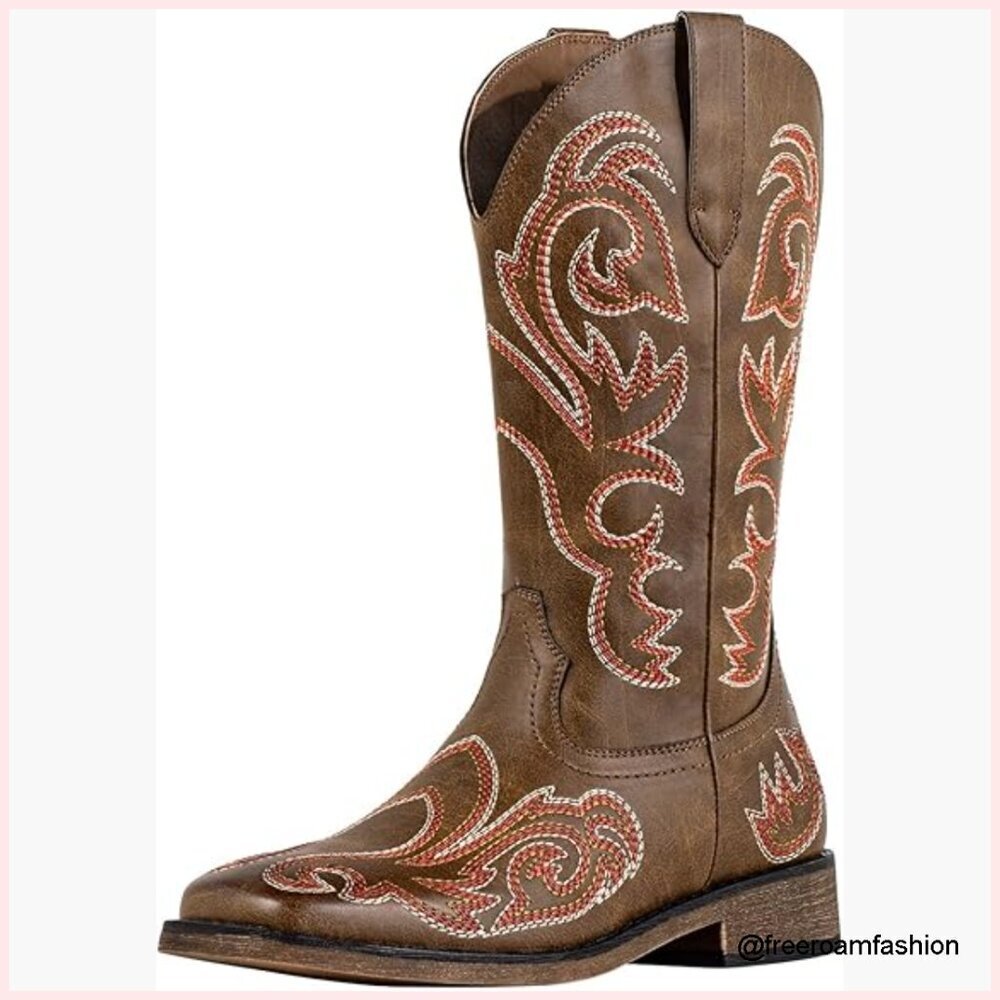 Square Toe Western Cowgirl Boots Mid Calf Women's Shoes